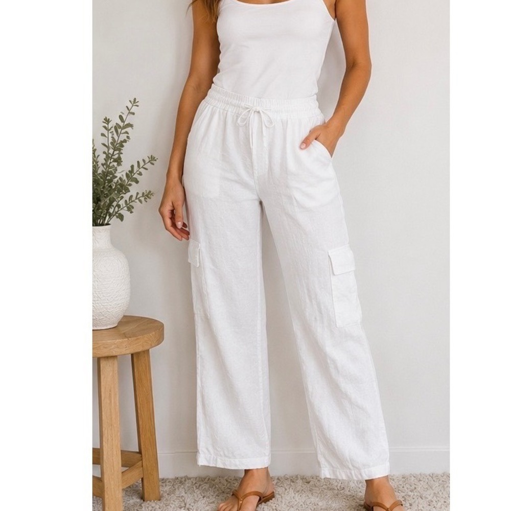 Martha Stewart XL Cream Linen Blend Wide Leg Cargo Drawstring Pants Pockets